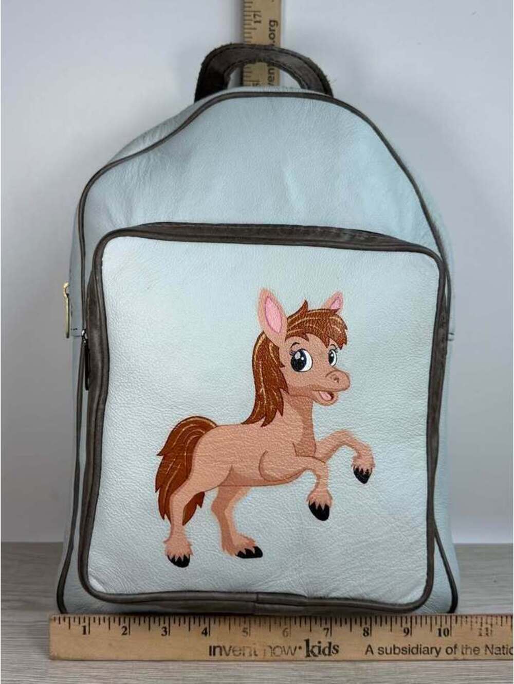 Hand Painted Pony Backpack Upcycled Light Blue Pebbled Leather One of a Kind